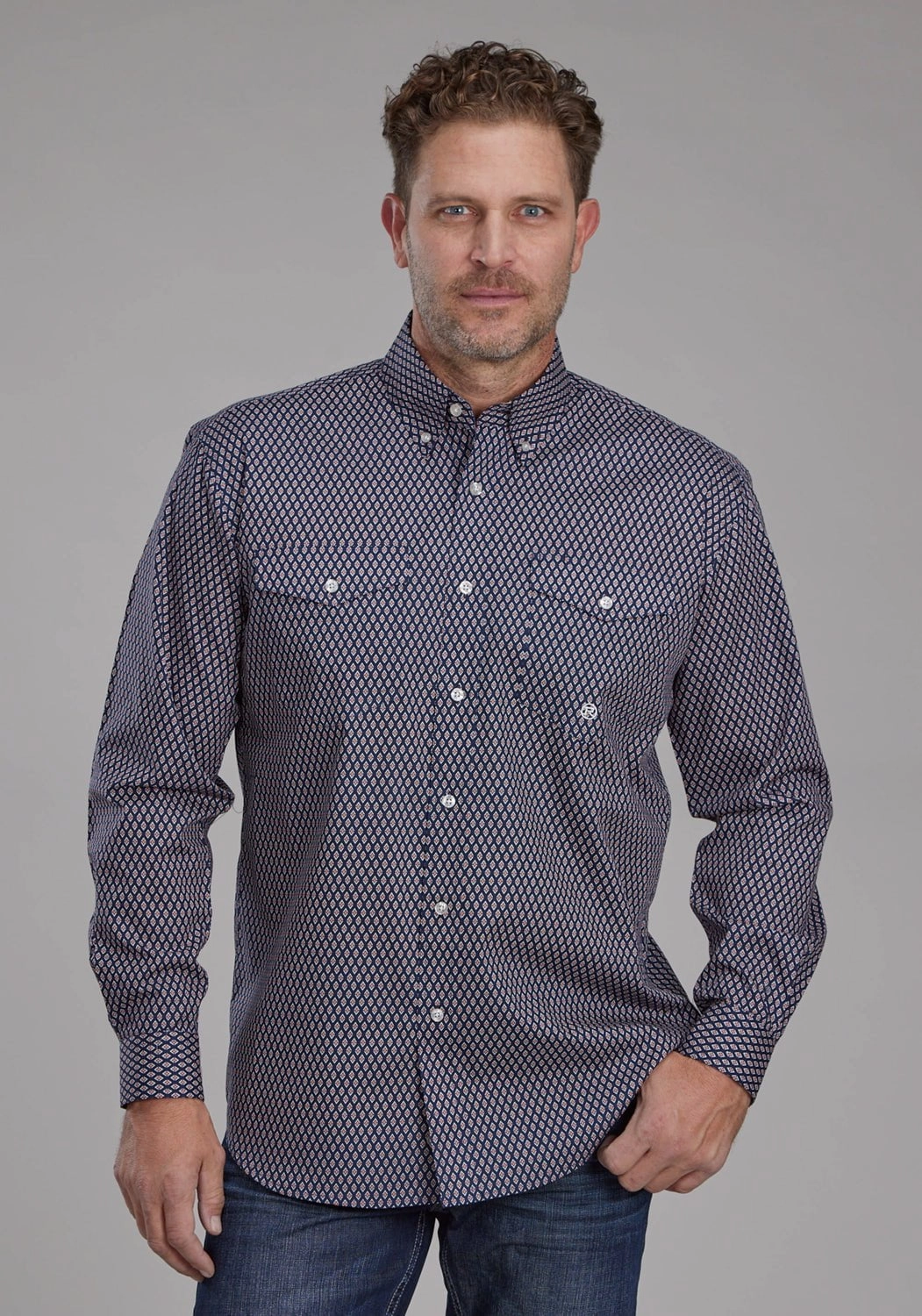 Ethical production holiday season Roper Mens Diamond Eye Geo Blue 100% Cotton Btn L/S Shirt