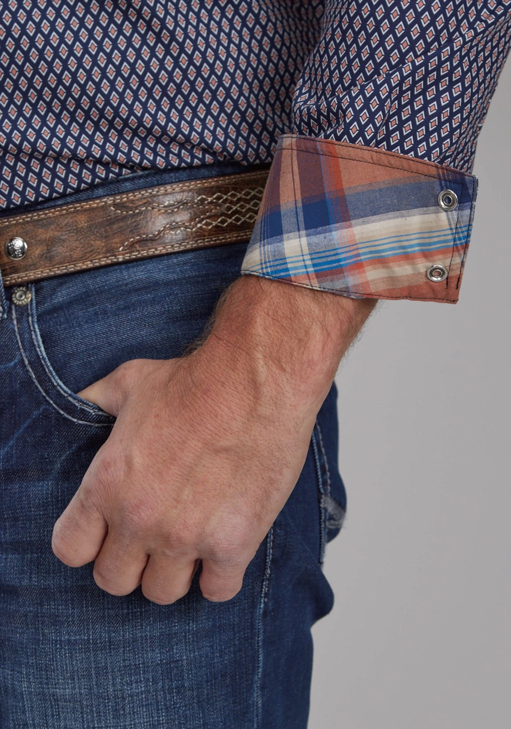 Thermal Regulation Fabric Seamless construction Roper Mens Diamond Eye Geo Blue 100% Cotton L/S Shirt