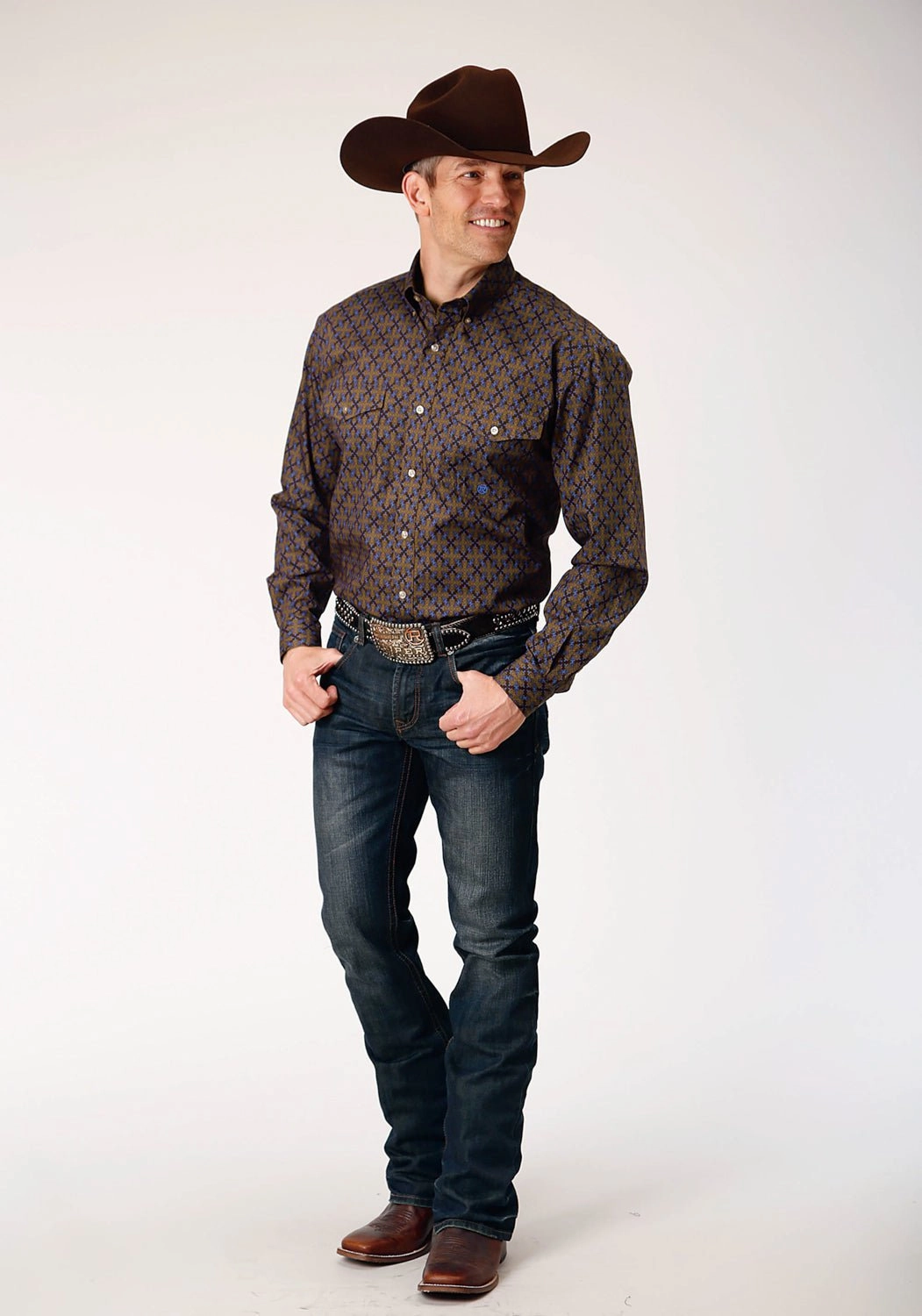 Roper Mens Diamond Medallion Brown 100% Cotton L/S Shirt Comfort Wear