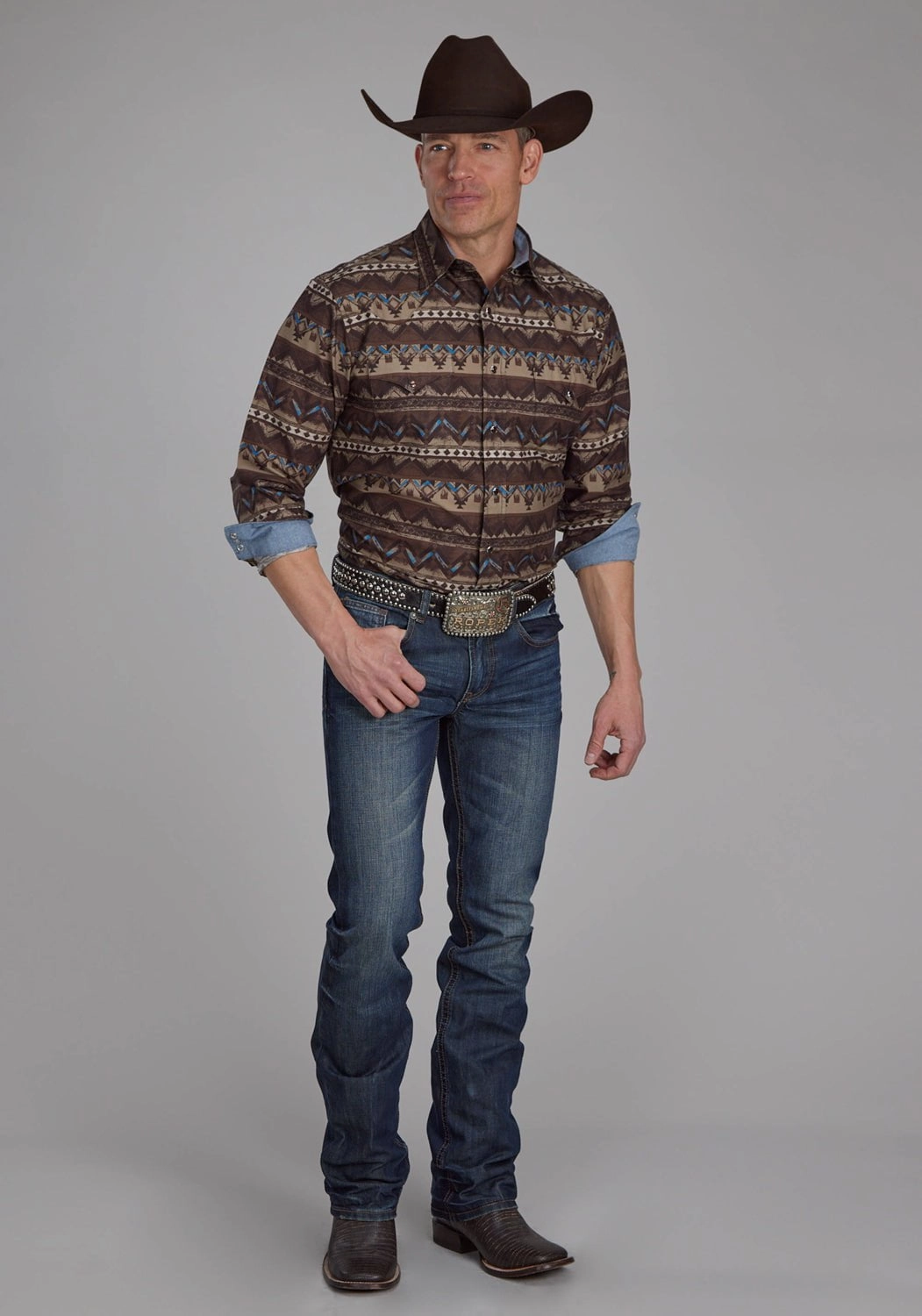 Roper Mens Distressed Aztec Brown 100% Cotton L/S Shirt Linen blend