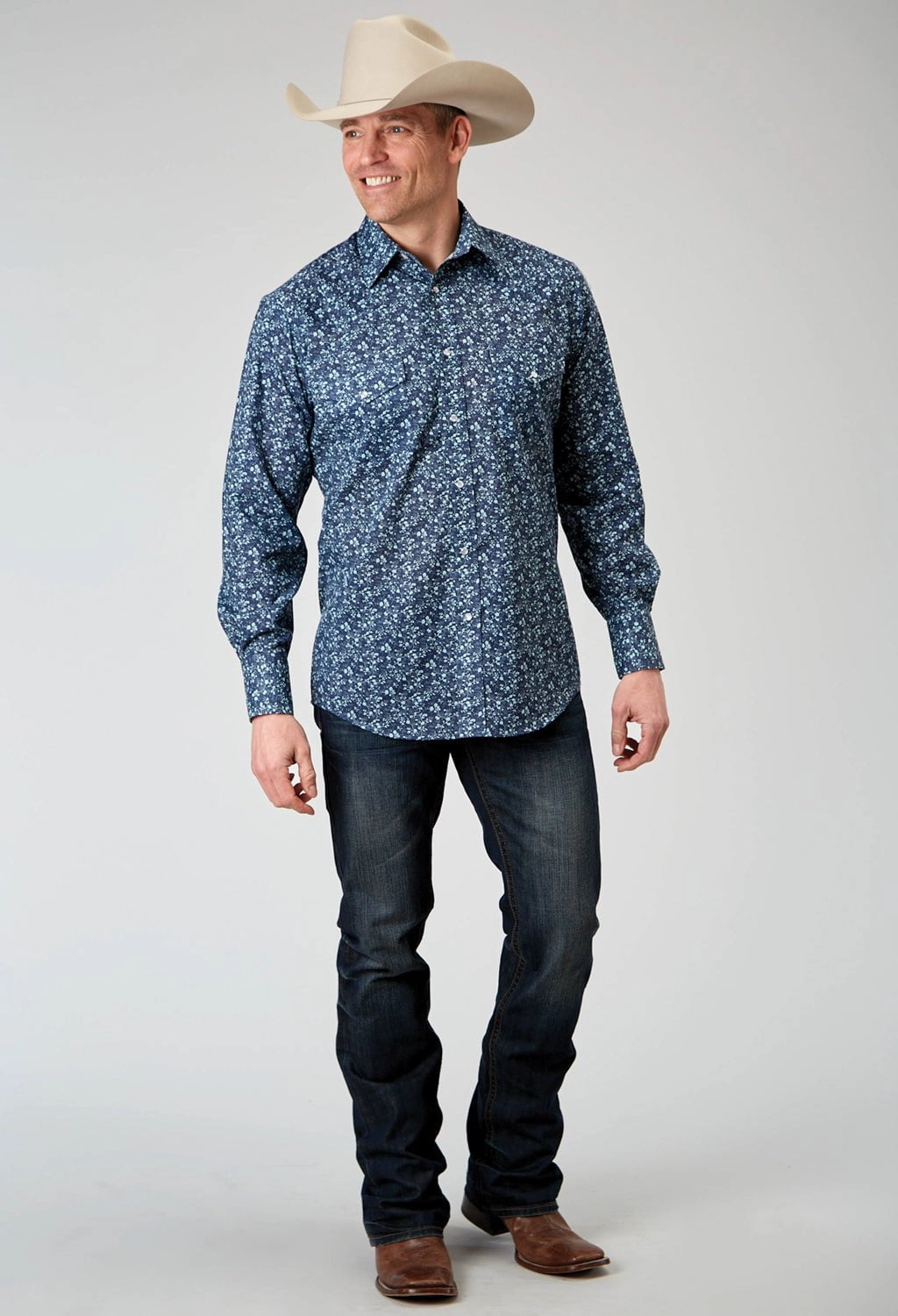 Anti Static Finish Roper Mens Ditsy Floral Blue Cotton Blend L/S Shirt
