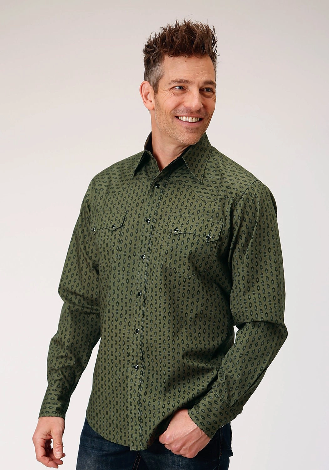 Evening Elegance Glossy Texture Roper Mens Drybrush Diamonds Green 100% Cotton L/S Shirt