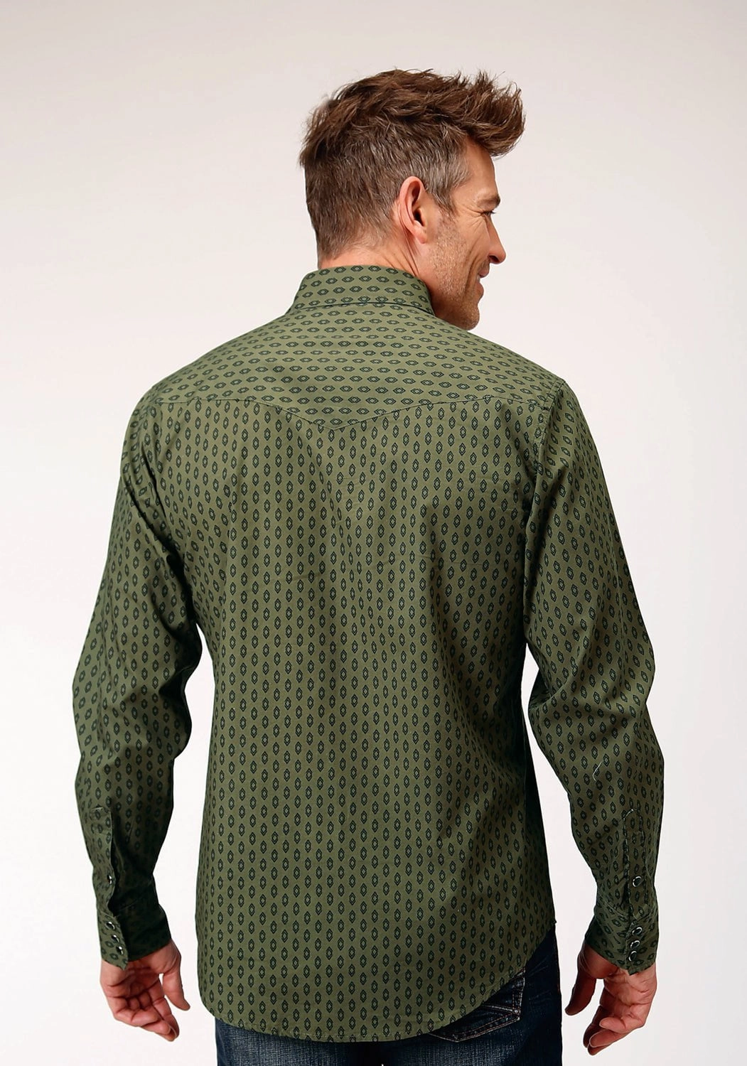 Roper Mens Drybrush Diamonds Green 100% Cotton L/S Shirt Twill Weave