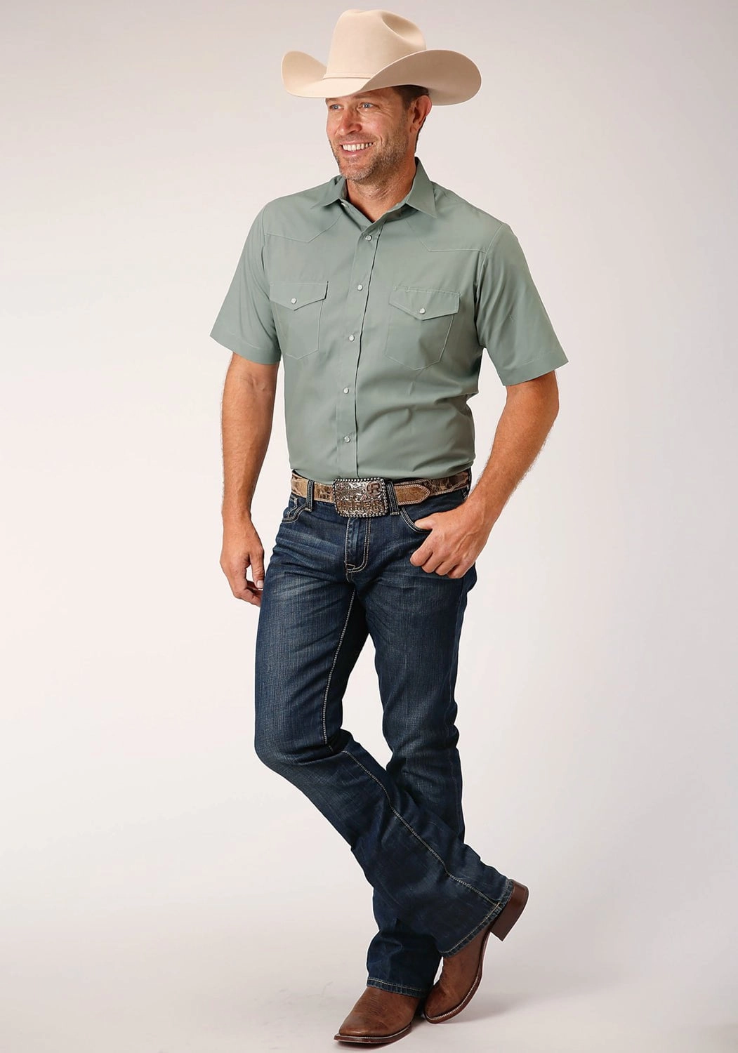 Lace Accent Roper Mens Dusty Green Cotton Blend Solid Broadcloth S/S Shirt