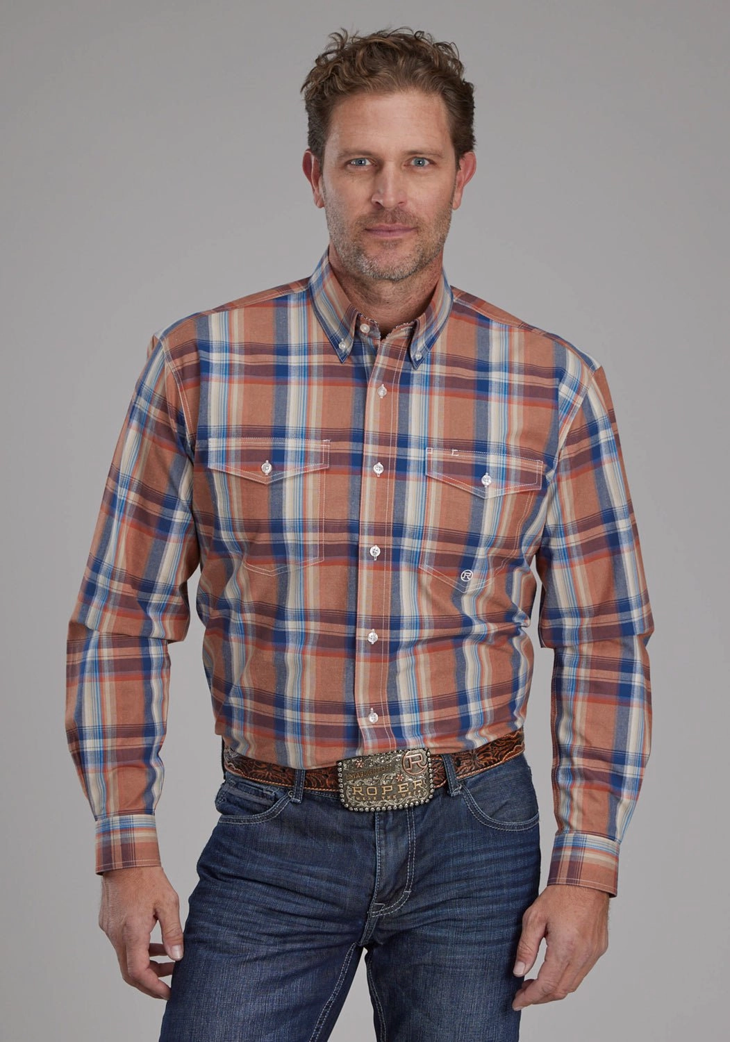 Roper Mens Falling Leaves Plaid Multi-Color 100% Cotton Btn L/S Shirt Snag Free Surface Lightweight Weave