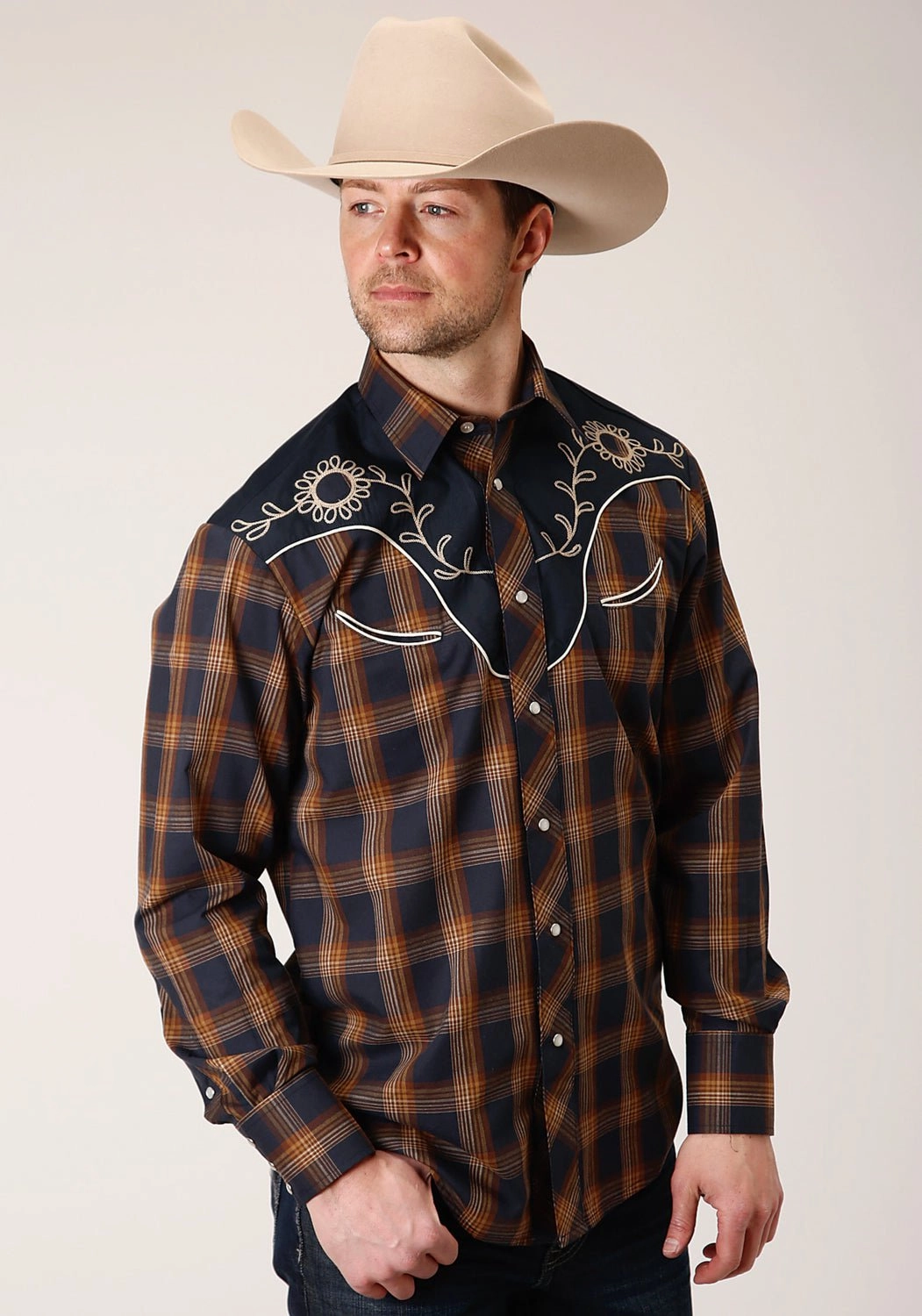 Country Escape Roper Mens Floral Fancy Applique Navy/Brown Cotton Blend L/S Shirt