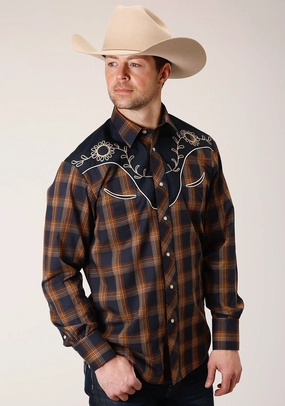 Country Escape Roper Mens Floral Fancy Applique Navy/Brown Cotton Blend L/S Shirt