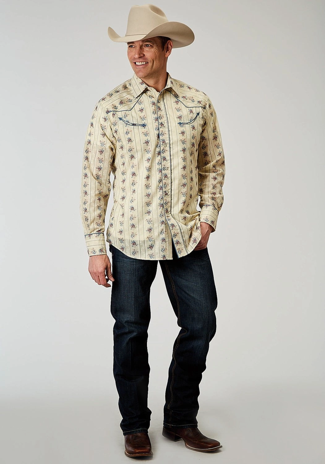Soft Collar Design Roper Mens Floral Stripe Fancy Yellow Cotton Blend L/S Shirt