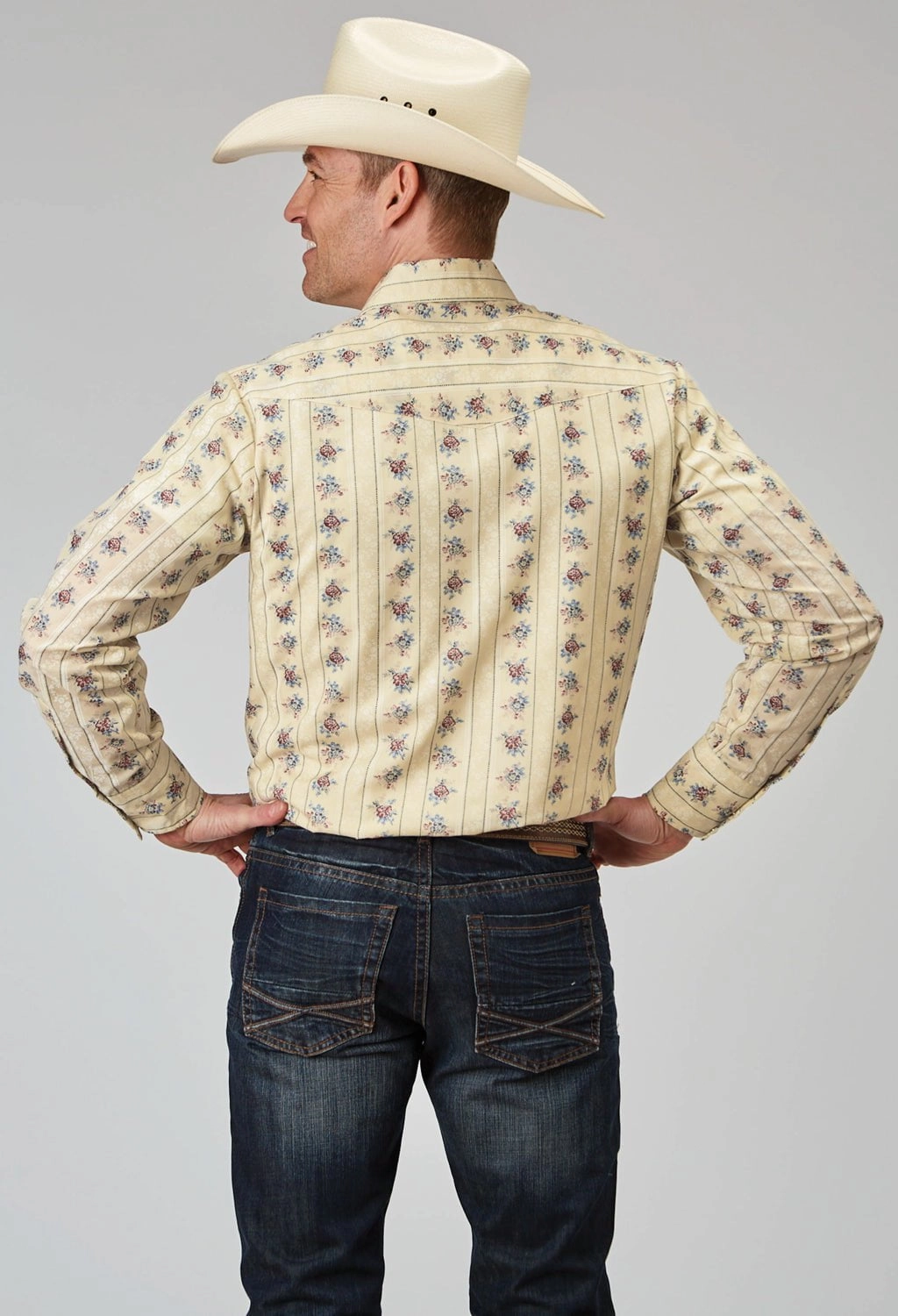 Lightweight Comfort Roper Mens Floral Stripe Yellow Cotton Blend L/S Shirt