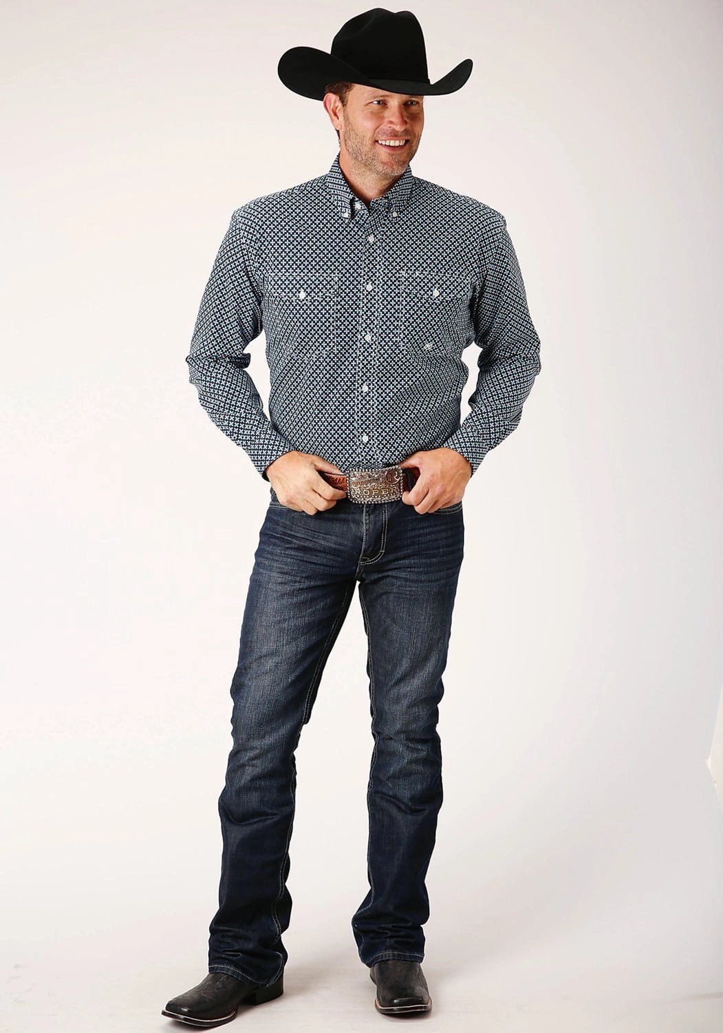 Statement Maker Roper Mens Four Leaf Foulard Blue 100% Cotton Tall Btn L/S Shirt