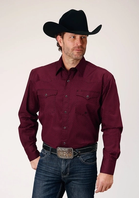 Retro Vibe Solid Color Roper Mens Four Leaf Foulard Red 100% Cotton L/S Shirt