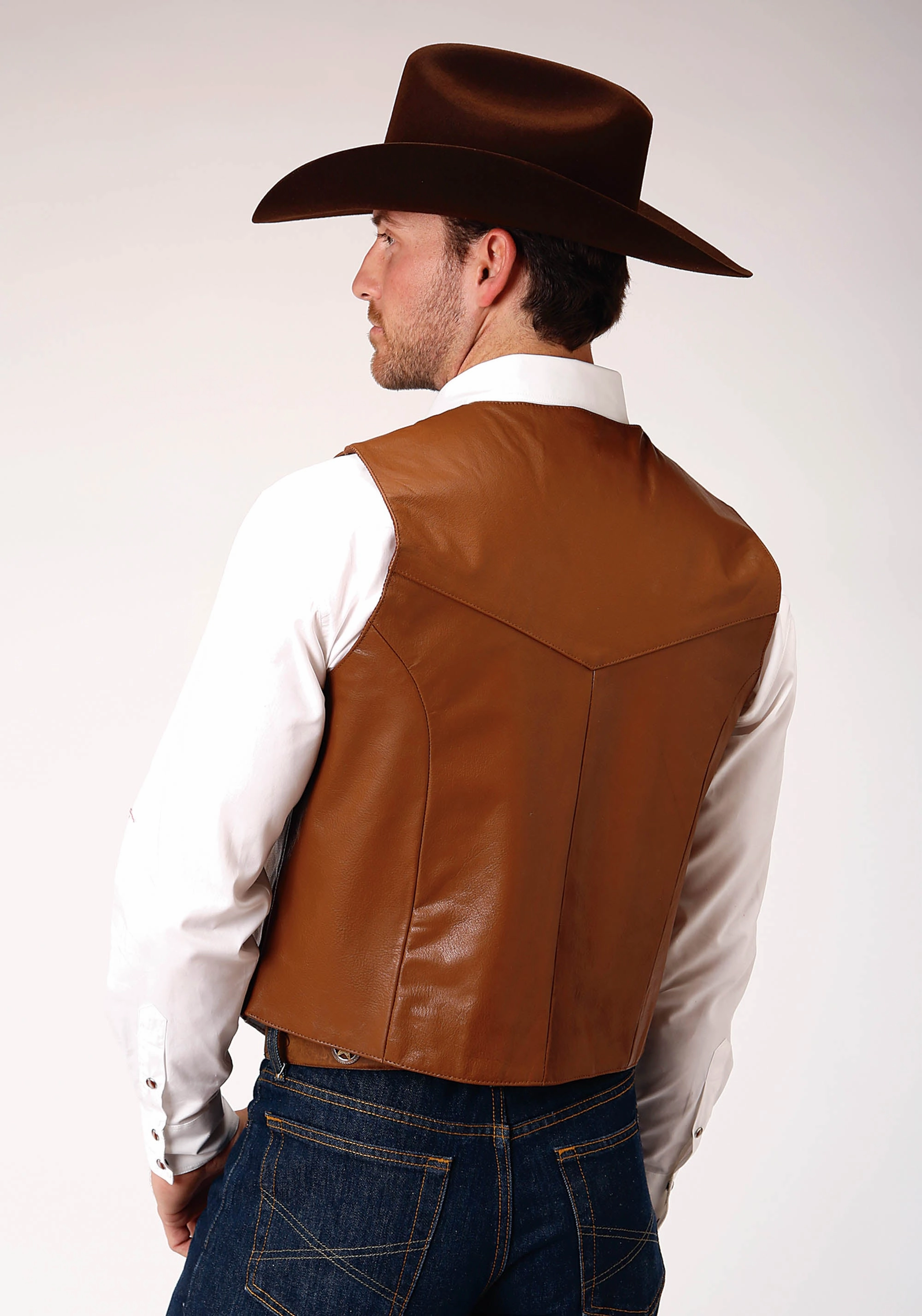 FullCoverageHood Roper Mens Front Yoke Nappa Mid Brown Goat Leather Leather Vest