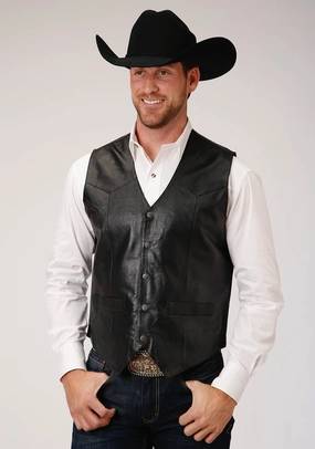 Cold Outfit ContouredShoulderFit Roper Mens Front Yoke Snaps Black Lamb Leather Leather Vest