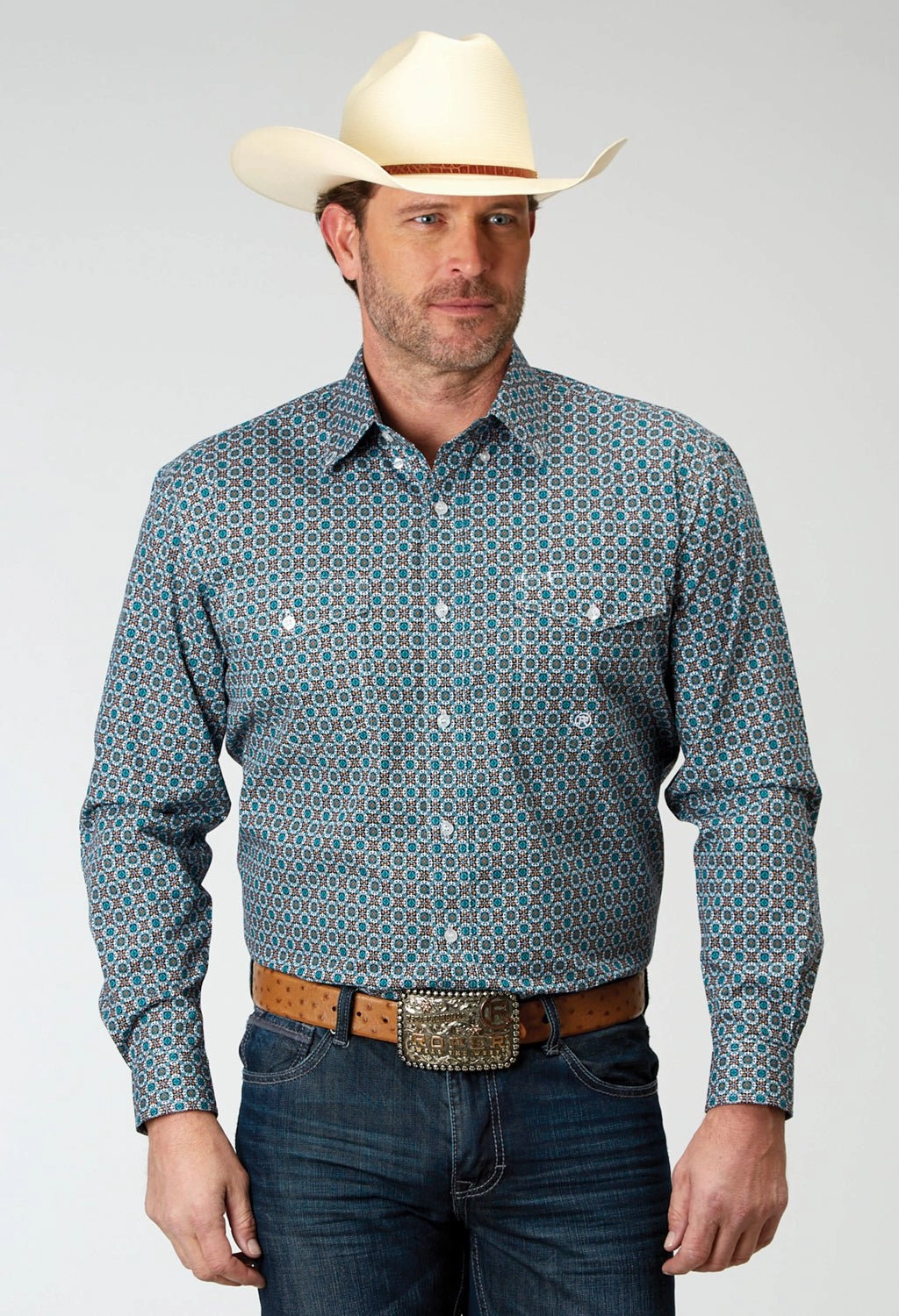 Structured Collar vacation wear Roper Mens Frontier Foulard Multi-Color 100% Cotton L/S Shirt