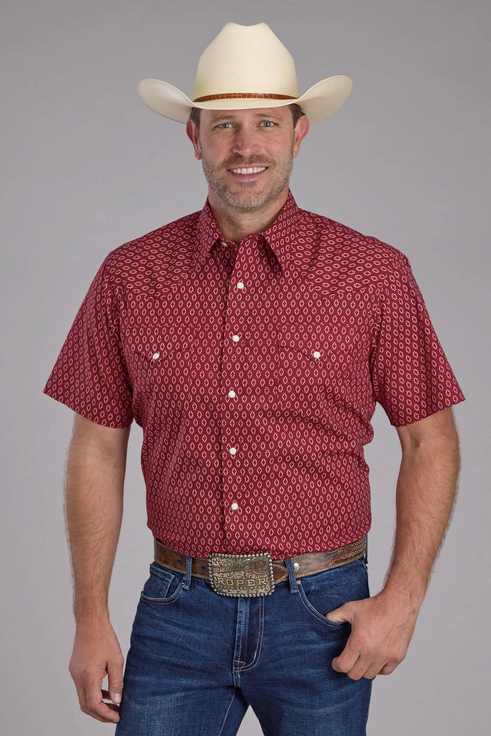 Roper Mens Geo Print Red 100% Cotton S/S Shirt Polo Style Dinner Date