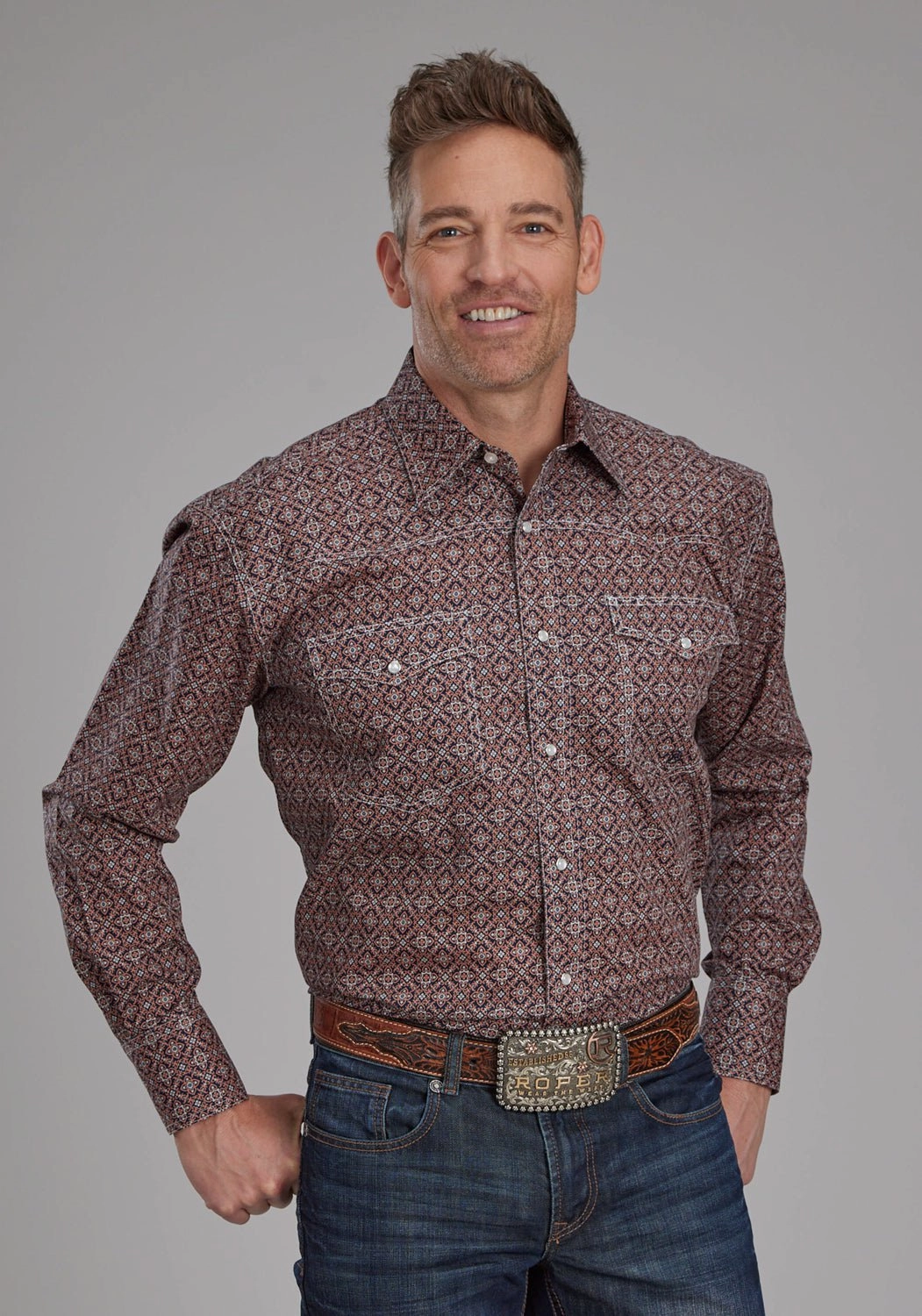 Coffee Run Roper Mens Ginger Foulard Brown 100% Cotton L/S Shirt