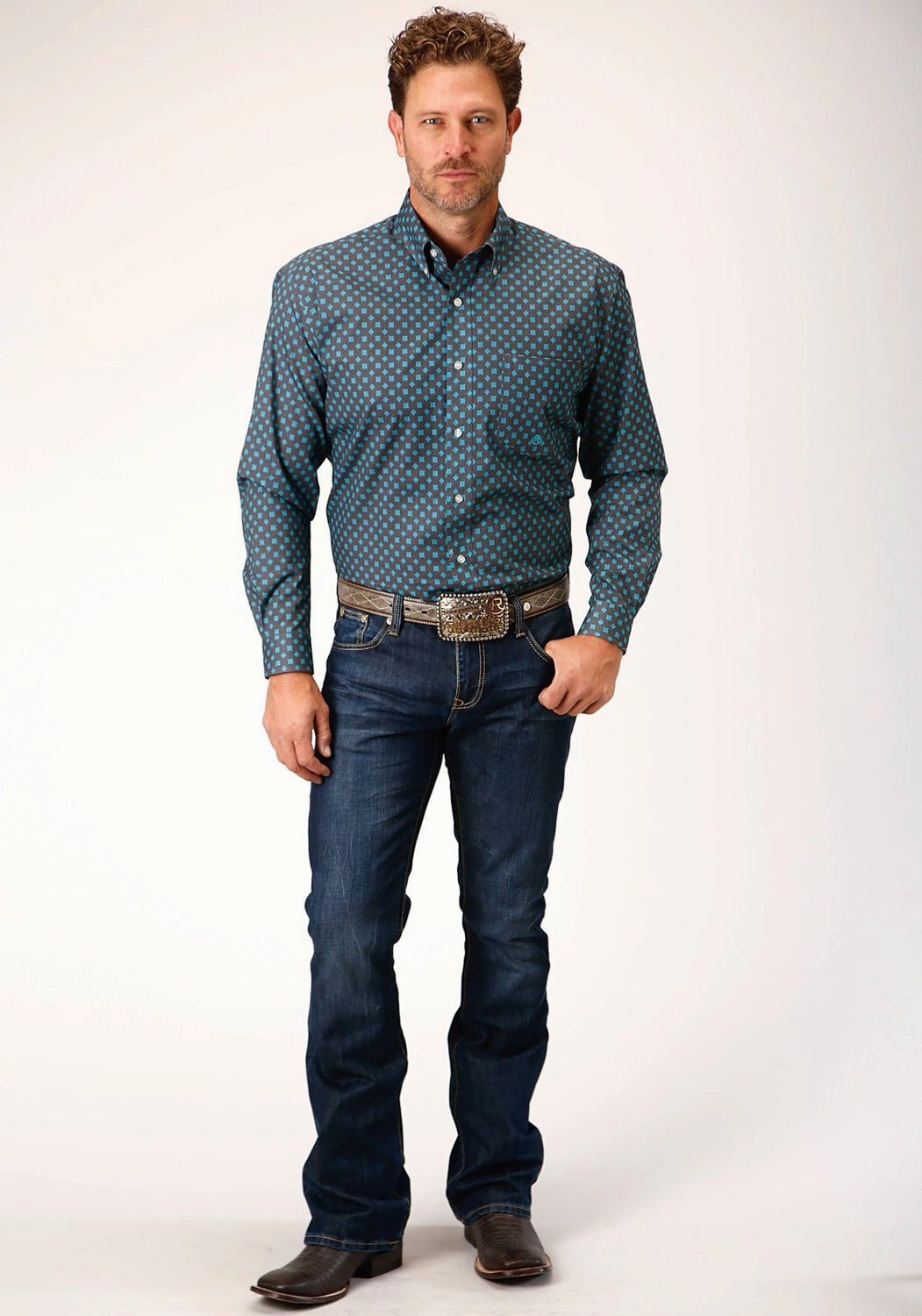 Roper Mens Grey 100% Cotton Cottage Foulard BD L/S 1 Pkt Shirt Plus Size Fit Travel-friendly