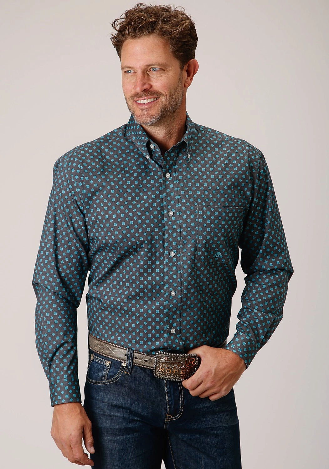 Neutral Shade Roper Mens Grey 100% Cotton Cottage Foulard BD L/S 1 Pkt Shirt