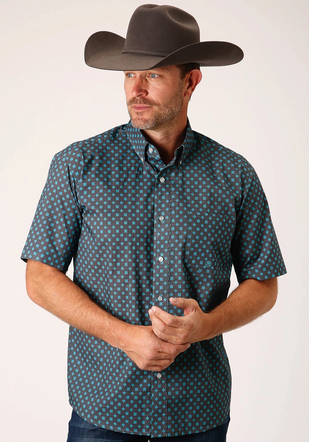 Tall Length Minimalist Closure Roper Mens Grey 100% Cotton Cottage Foulard BD S/S 1 Pkt Shirt