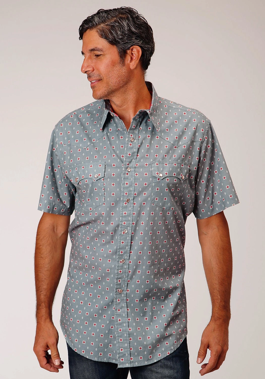 Roper Mens Grey 100% Cotton Vintage Foulard S/S Shirt Summer Vibes