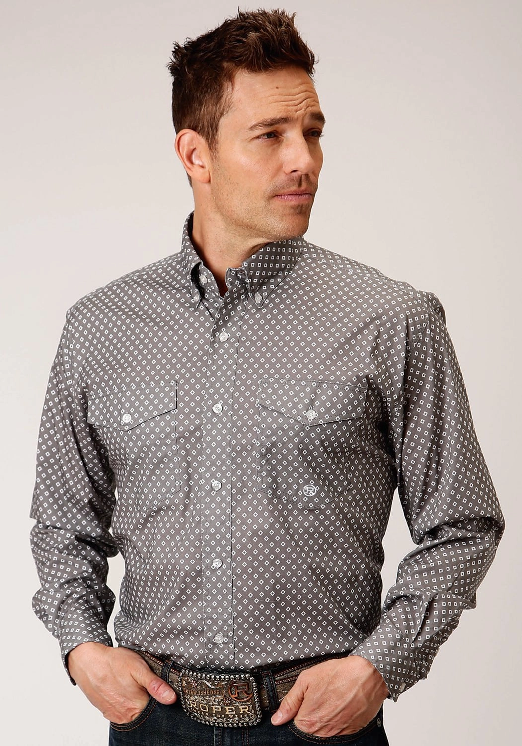 Roper Mens Grey Cotton Blend Diamond Poplin BD L/S Btn Shirt Edgy Fashion