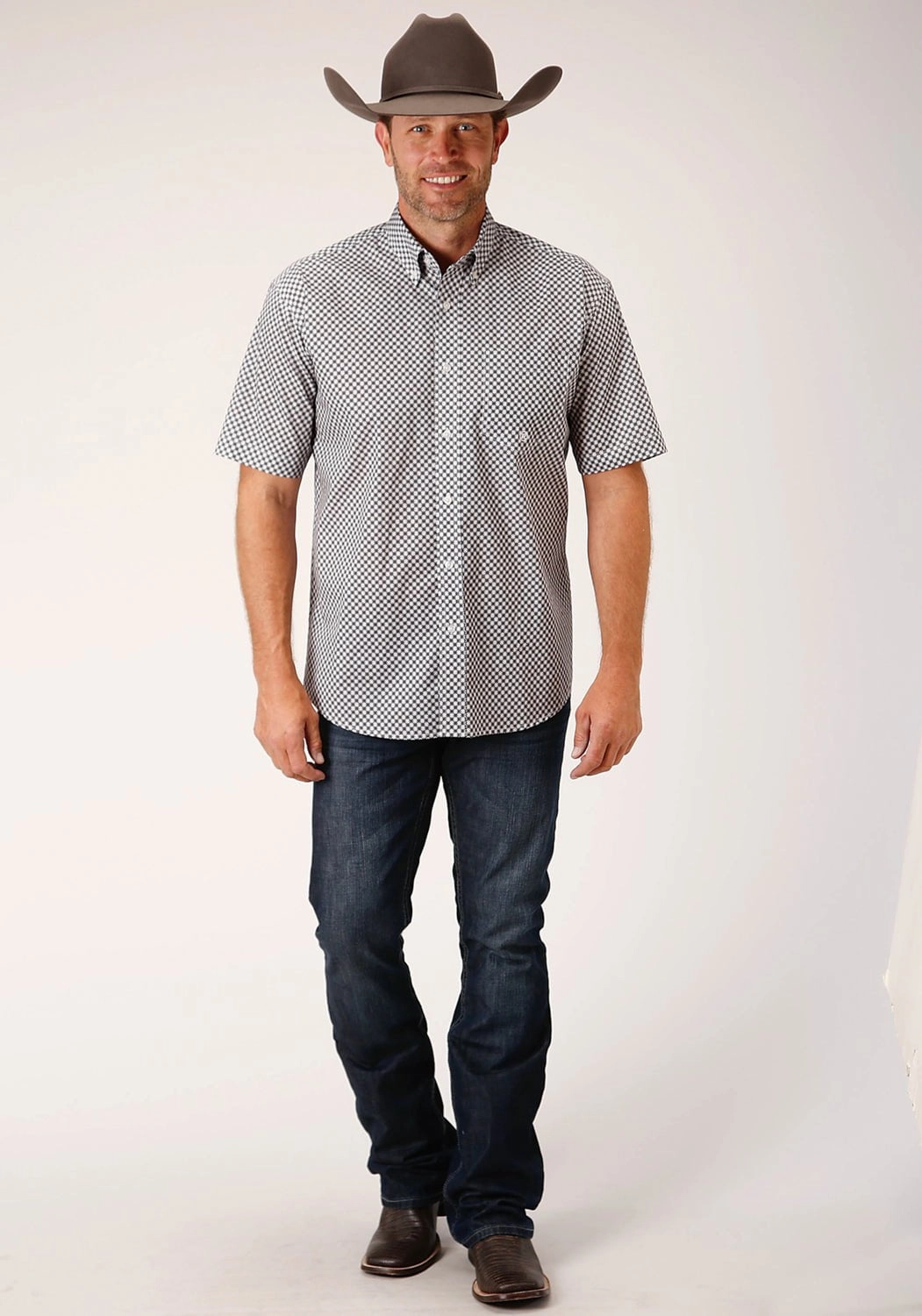 Roper Mens Grey Cotton Blend Diamond Star Geo BD S/S 1 Pkt Shirt Neutral Colors