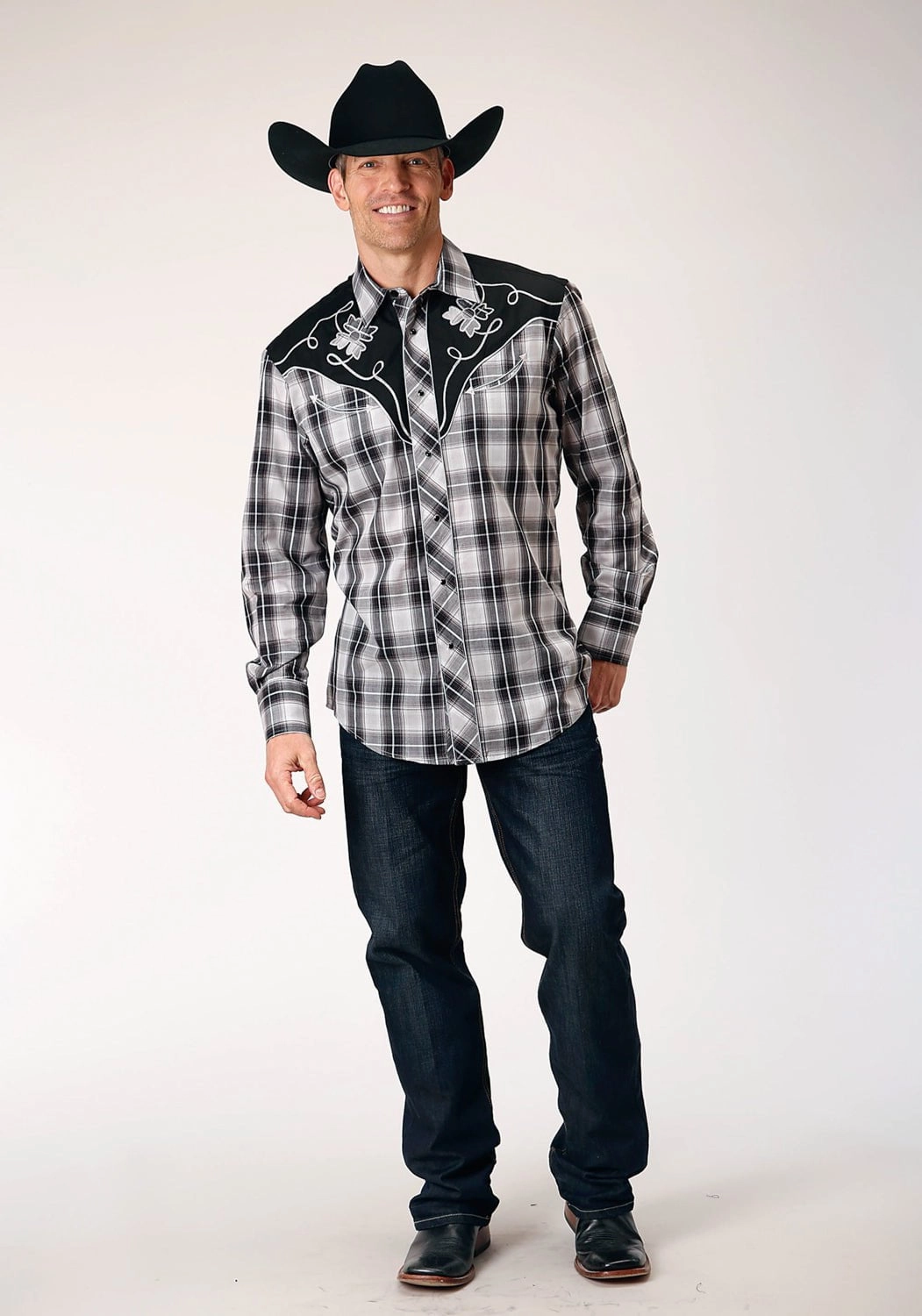 Soft Texture Reinforced Buttonholes Roper Mens Grey Plaid Black Cotton Blend L/S Shirt