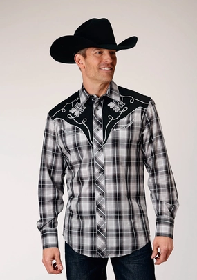 Breathable Layer Roper Mens Grey Plaid Black Cotton Blend L/S Shirt