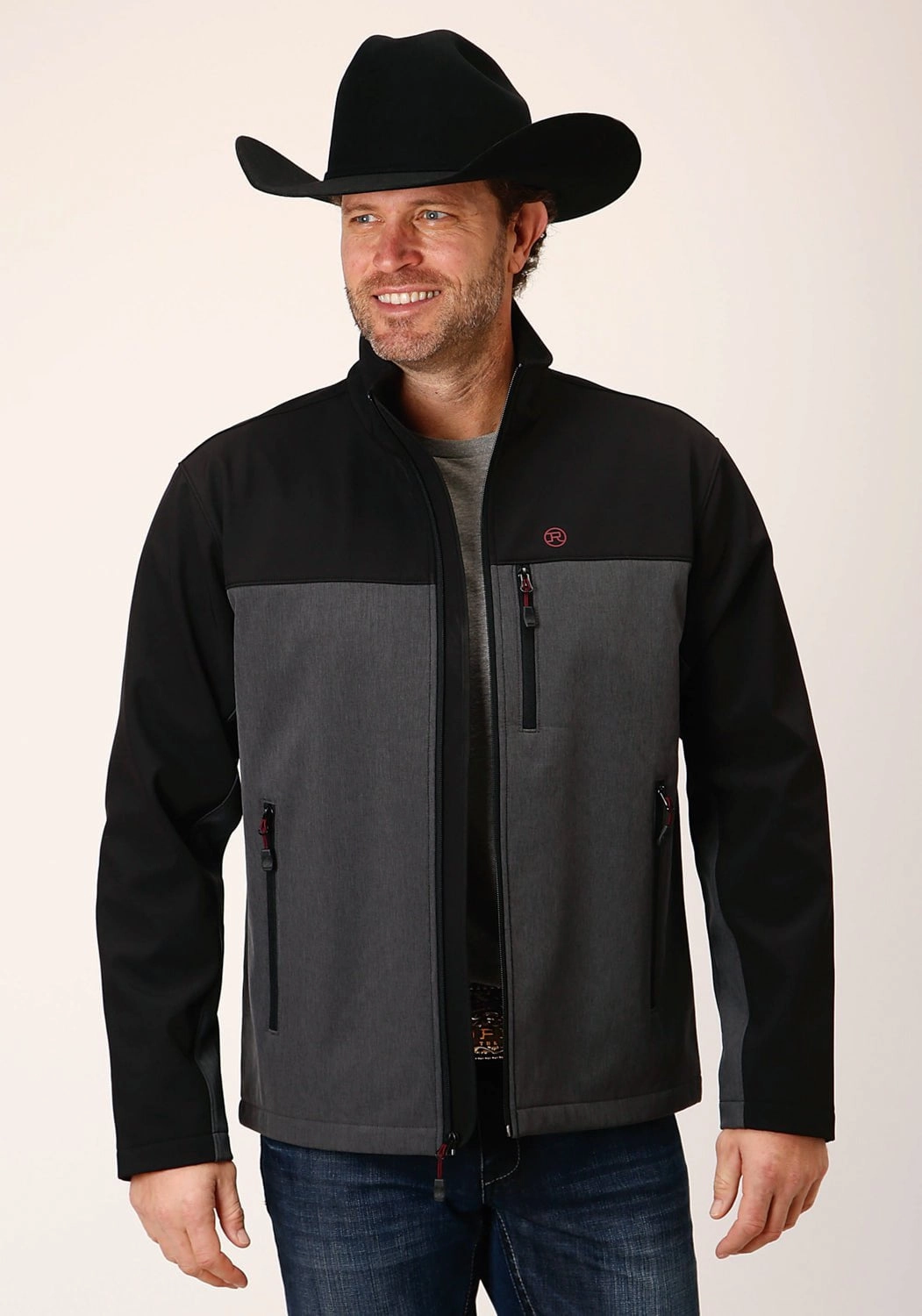 Hypoallergenic Fabric Blend Roper Mens Hi-Tech Black/Grey Poly/Spandex Softshell Jacket