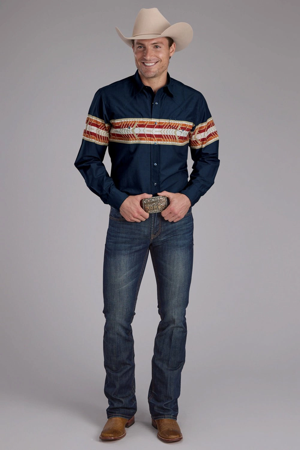 Roper Mens Horizontal Aztec Border Navy 100% Cotton L/S Shirt Fashionable Pick