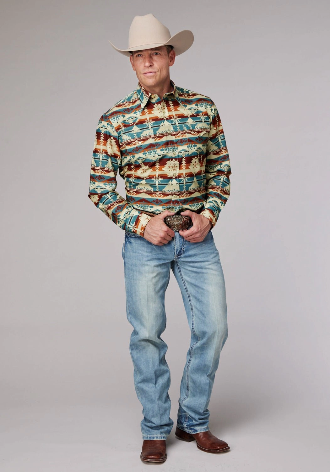 Roper Mens Horizontal Aztec Serape Wine Multi 100% Cotton L/S Shirt Summer Vibes Urban Edge