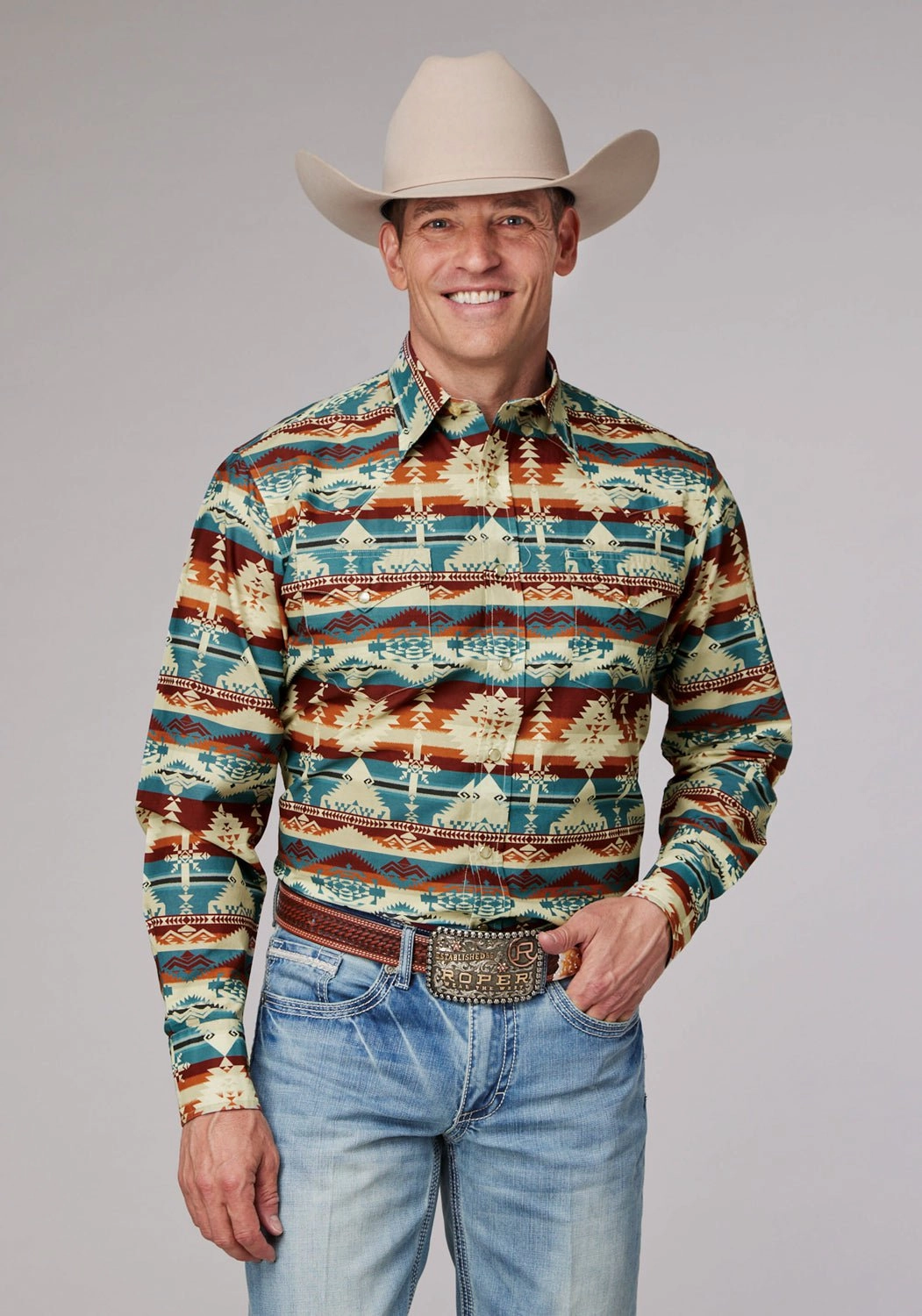 tailored look Breathable Lining Roper Mens Horizontal Aztec Serape Wine Multi 100% Cotton L/S Shirt