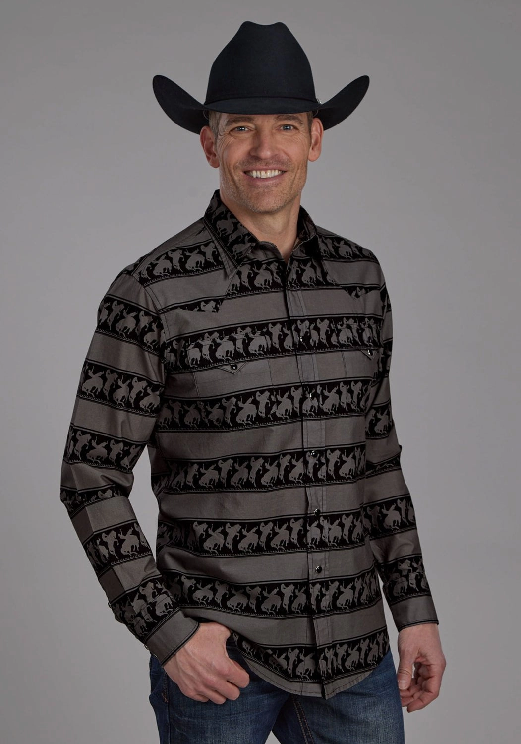 Roper Mens Horizontal Rodeo Stripe Black 100% Cotton L/S Shirt Tailored Silhouette Checkered Look
