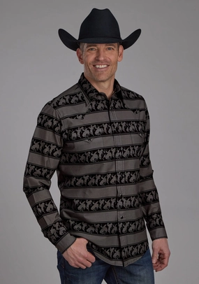 Roper Mens Horizontal Rodeo Stripe Black 100% Cotton L/S Shirt Tailored Silhouette Checkered Look
