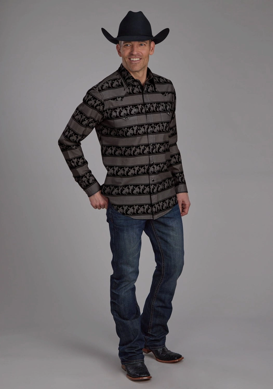 Roper Mens Horizontal Rodeo Stripe Black 100% Cotton L/S Shirt crew neck Functional Design