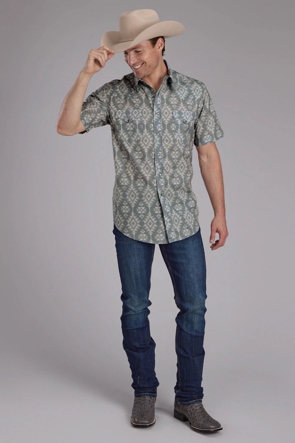 Roper Mens Horizontal Scribble Aztec Grey 100% Cotton S/S Shirt Ombre look