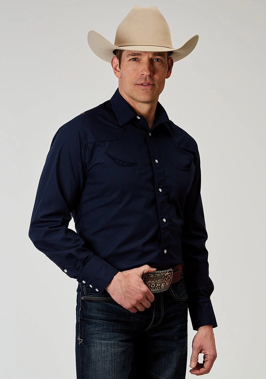 Roper Mens Horseshoe Broadcloth Blue Cotton Blend L/S Shirt Unisex Design