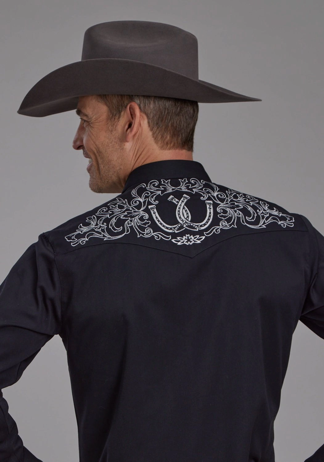 Anniversary Special Ultra Soft Interior Roper Mens Horseshoes Western Black Poly/Rayon L/S Shirt