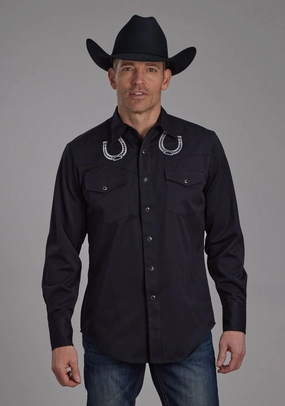 Structured Shoulder Support Versatile Look Roper Mens Horseshoes Western Black Poly/Rayon L/S Shirt