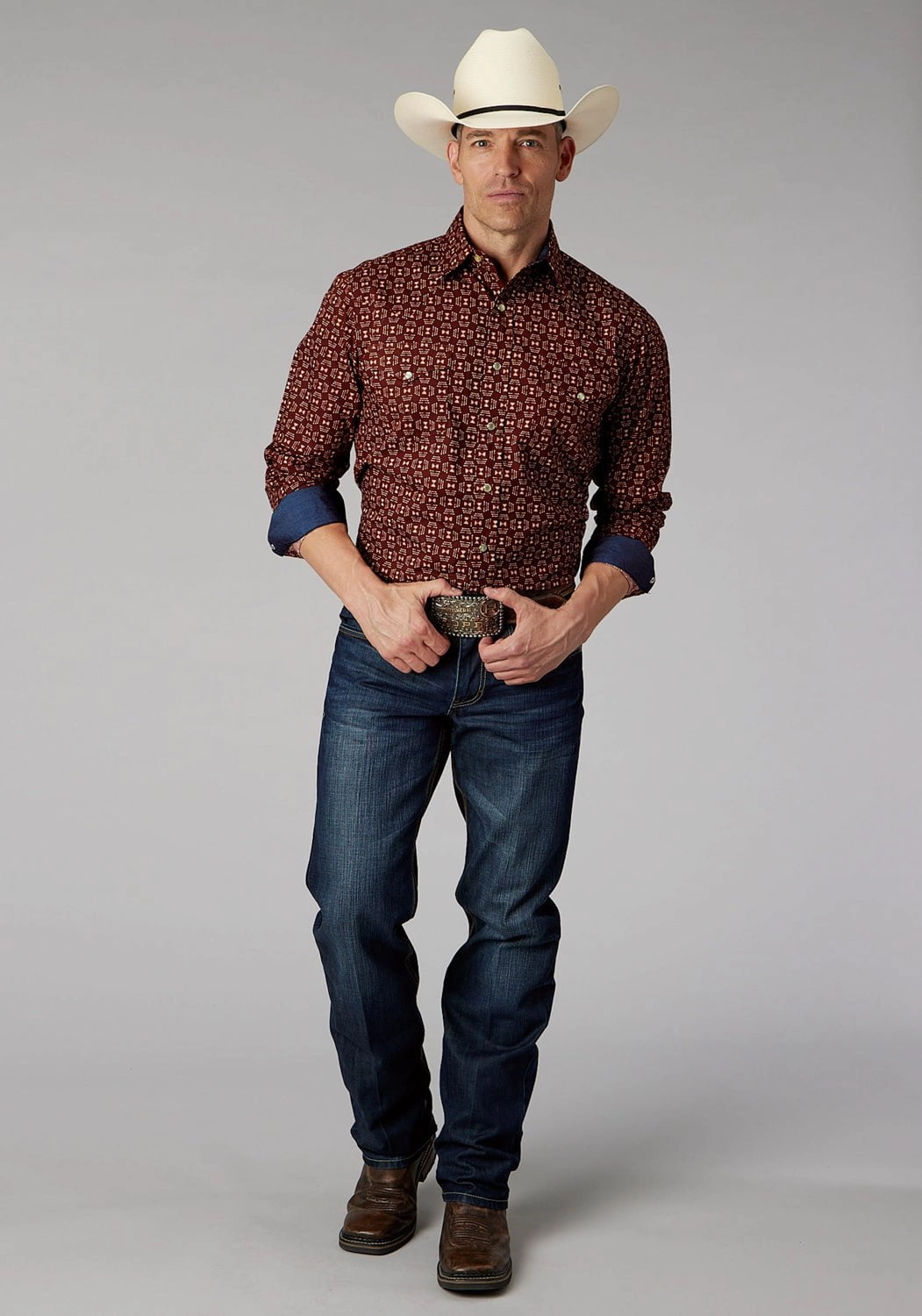 Roper Mens Ikat Arrows Red 100% Cotton L/S Shirt Eco-friendly