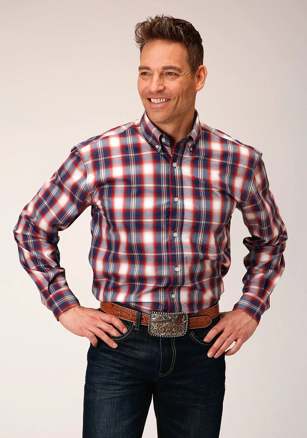 Roper Mens Independence Plaid Blue 100% Cotton L/S Shirt natural fiber