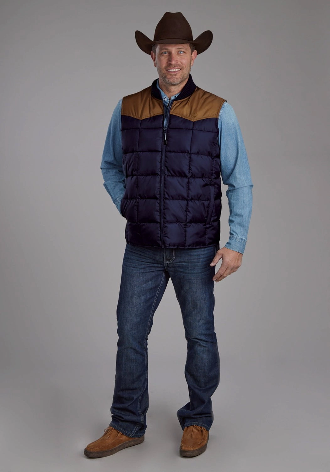 Roper Mens Insulated Western Blue/Tan 100% Polyester Softshell Vest Micro Perforated Panels Sporty Touch
