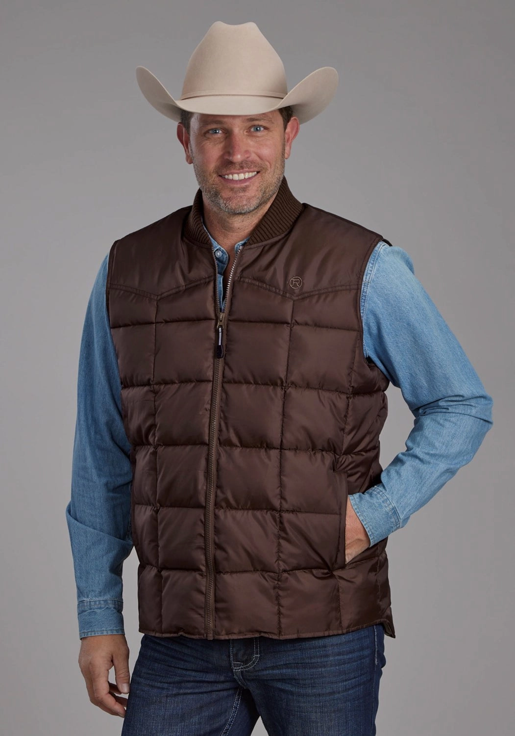 Reinforced Elbow Panels Scratch Resistant Zippers Roper Mens Insulated Western Chocolate 100% Polyester Softshell Vest