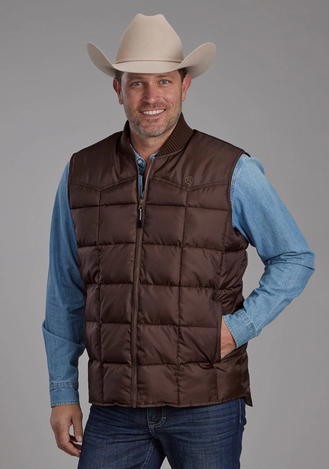 Roper Mens Insulated Western Chocolate 100% Polyester Softshell Vest Softshell Material Multi Layer Design