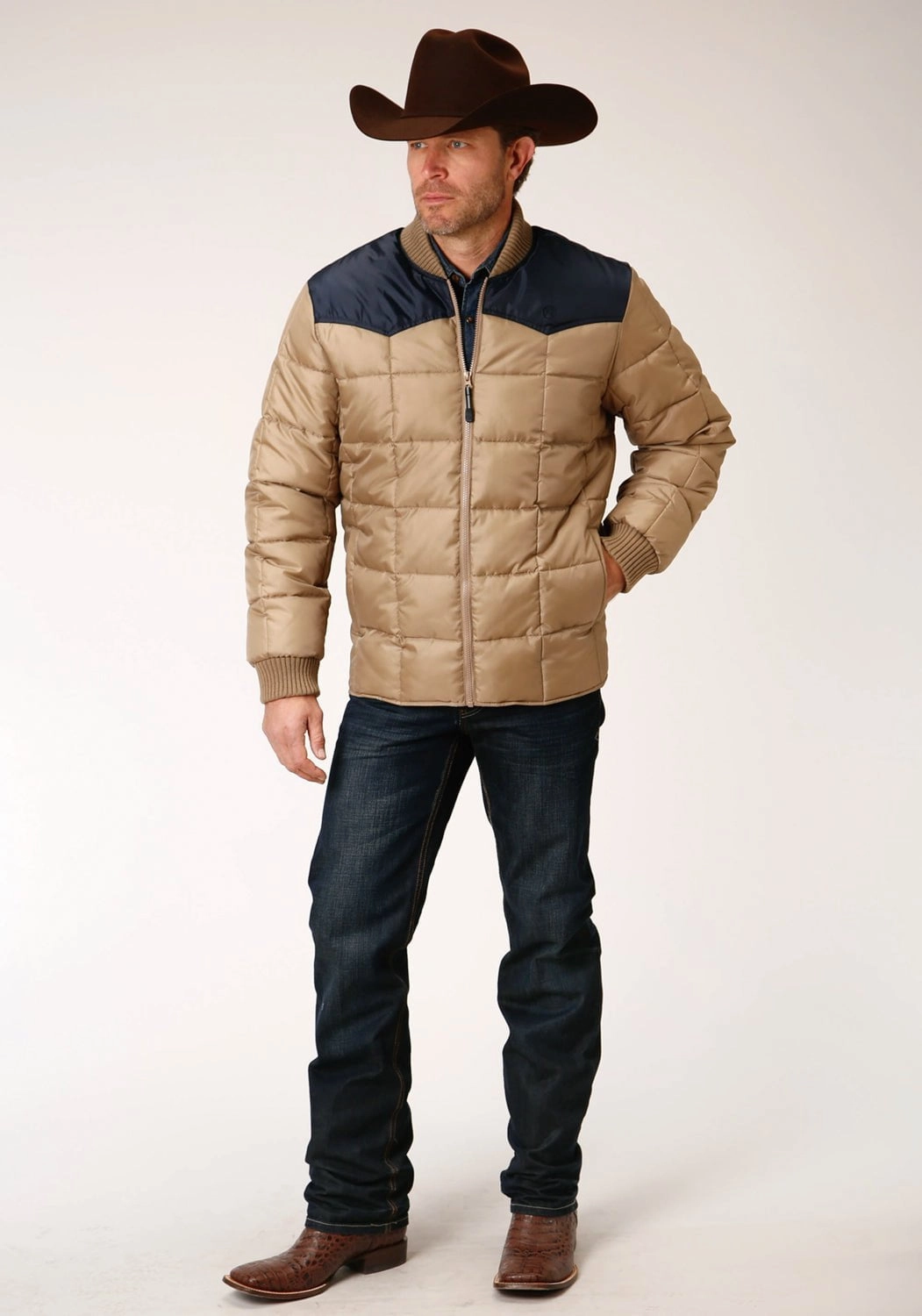 Chill Proof Style FleeceLined Roper Mens Khaki/Blue Polyester Quilted Insulated Jacket