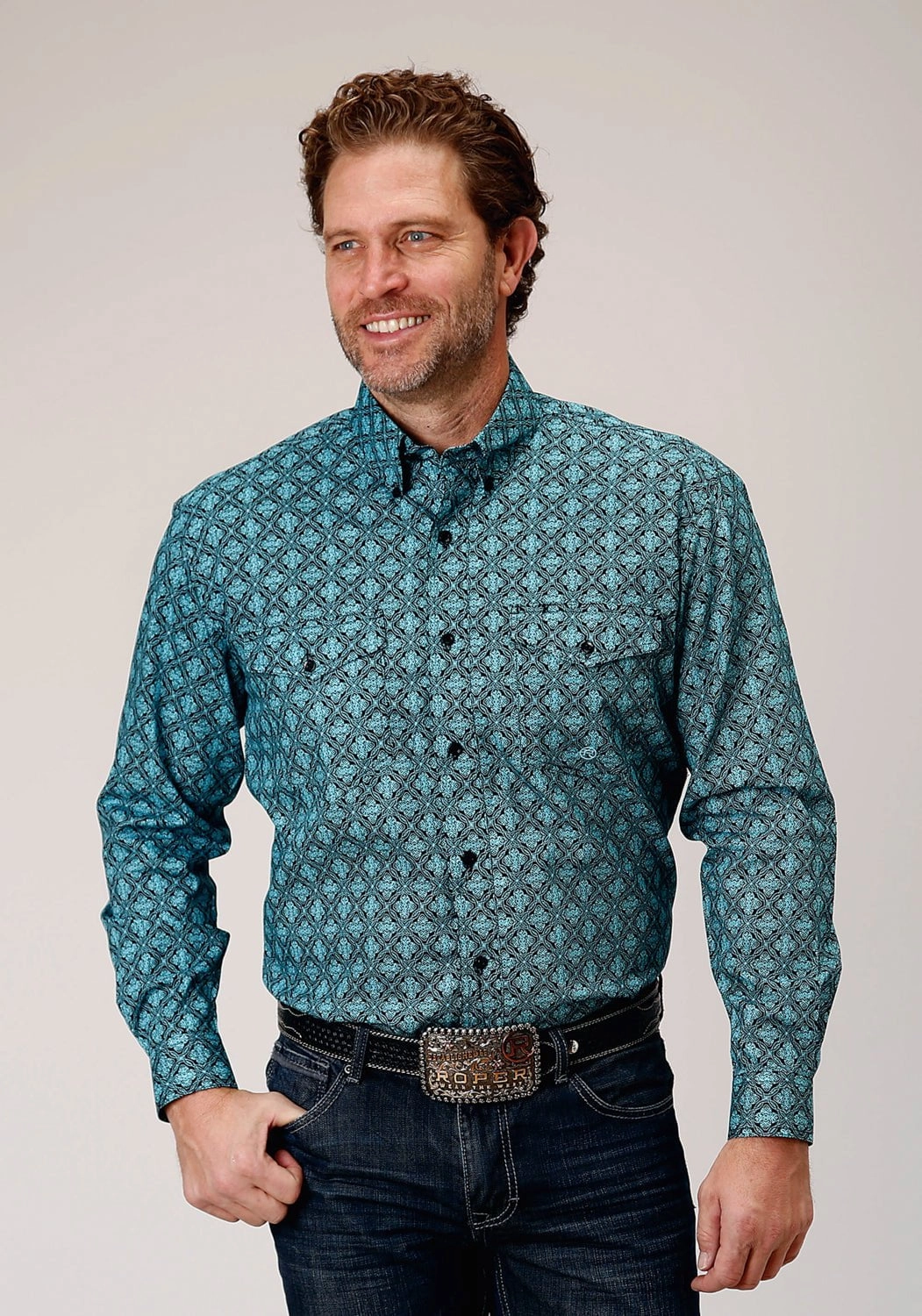 Non Restrictive Armhole Roper Mens Lattice Medallion Blue 100% Cotton L/S Shirt