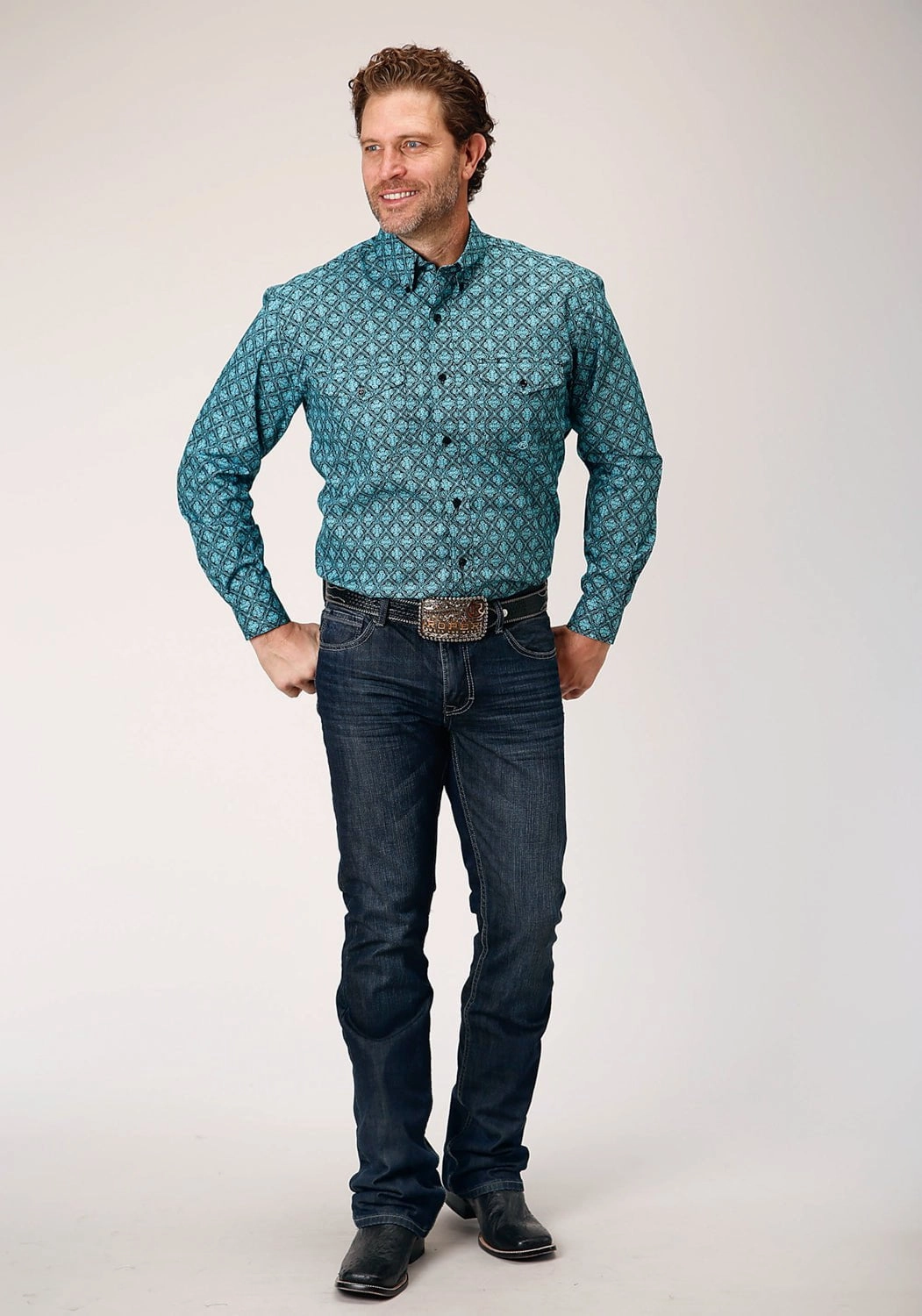 Roper Mens Lattice Medallion Blue 100% Cotton L/S Shirt Retro Vibe