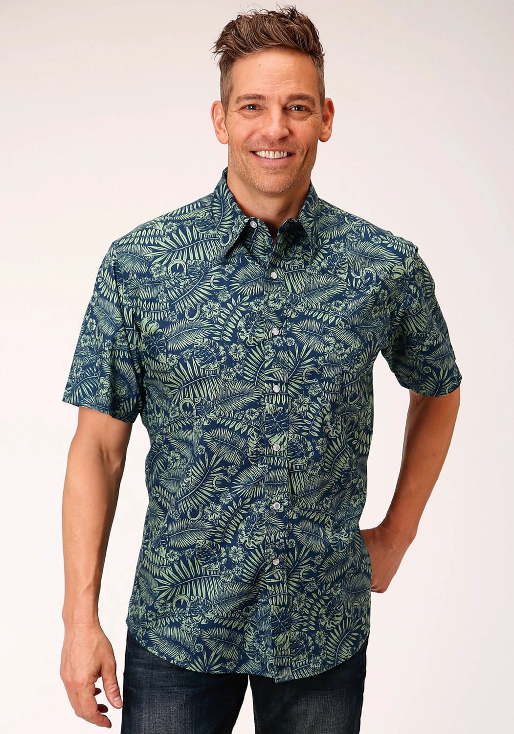 Corporate Retreat Stylish Detail Roper Mens Lucky Tropical Print Green 100% Cotton S/S Shirt