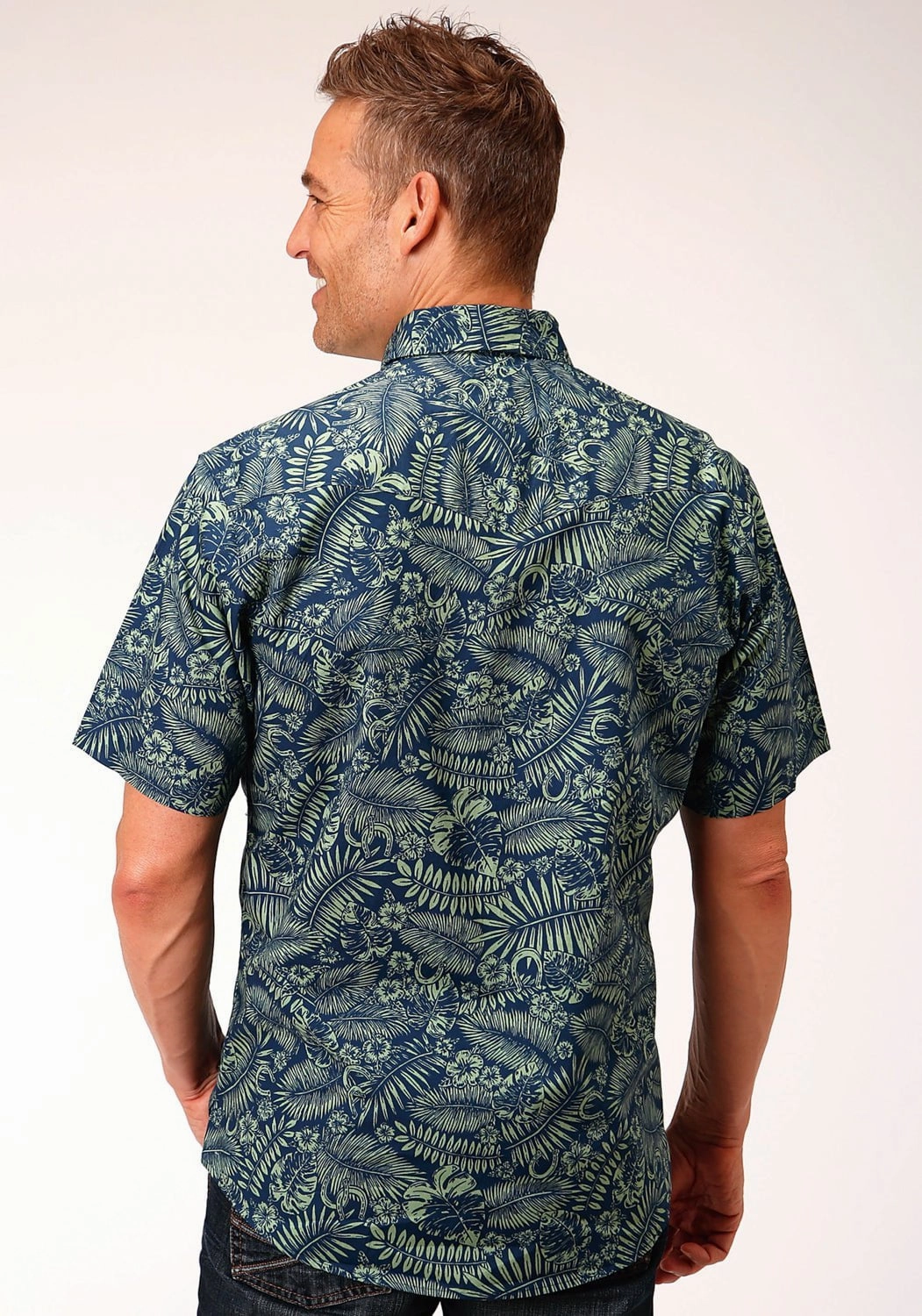 Limited Edition Neutral Toned Stitching Roper Mens Lucky Tropical Print Green 100% Cotton S/S Shirt