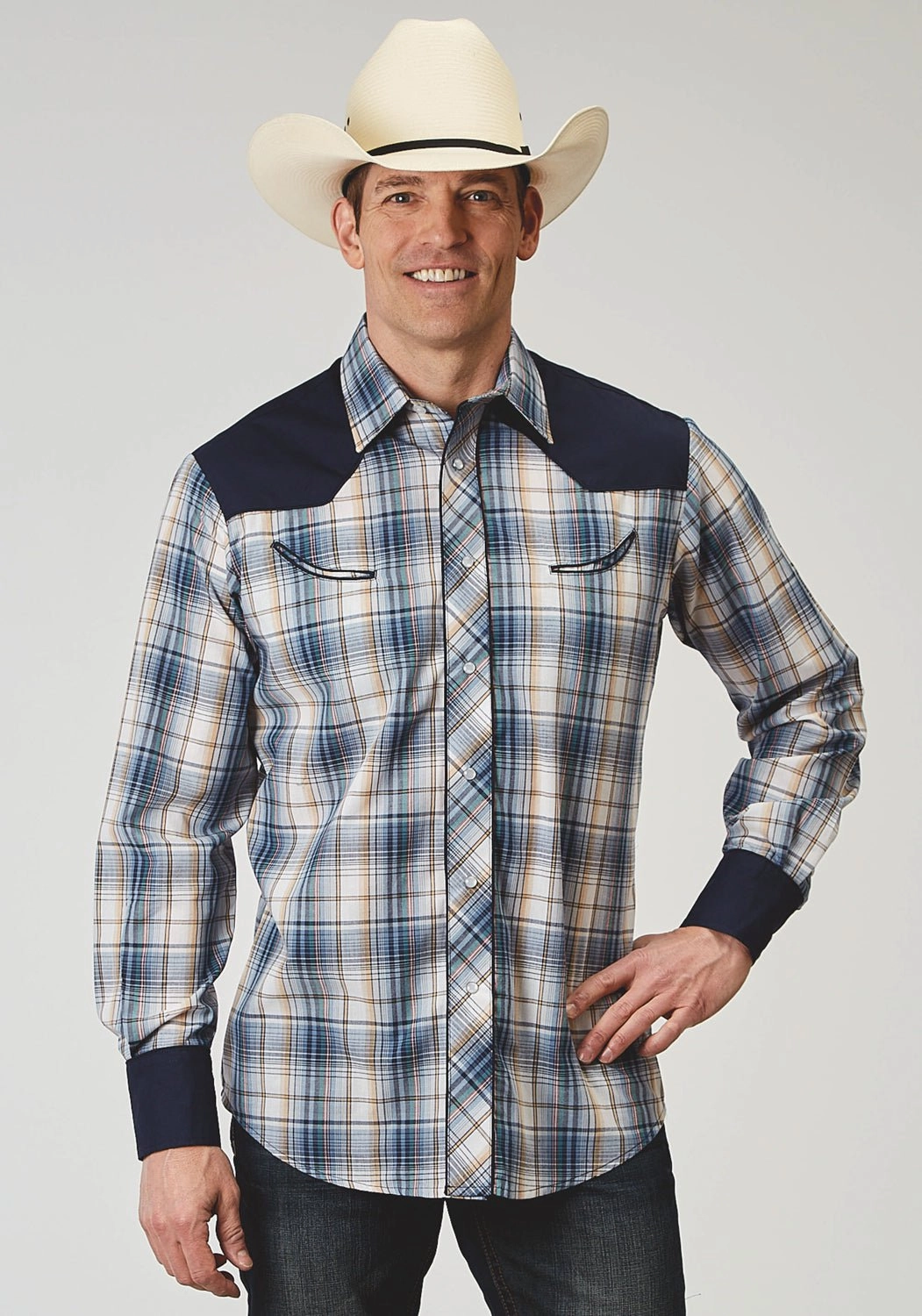High-End Look hypoallergenic Roper Mens Madris Plaid Blue Cotton Blend L/S Shirt